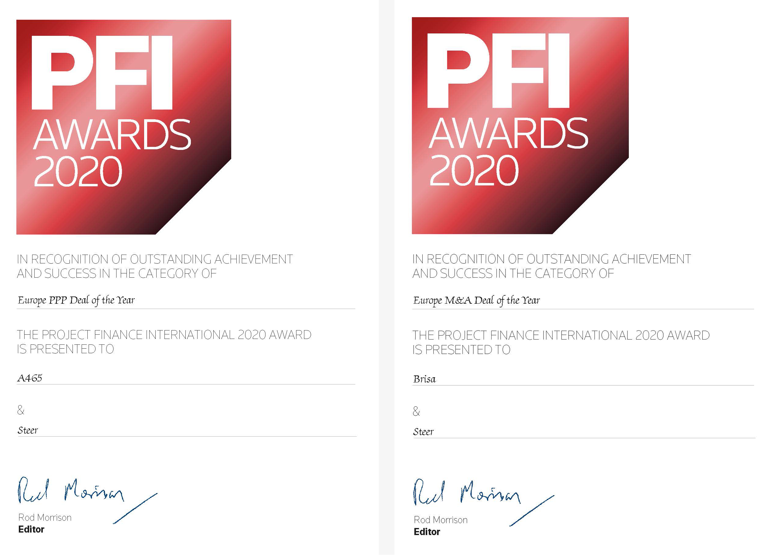 PFI award certificates