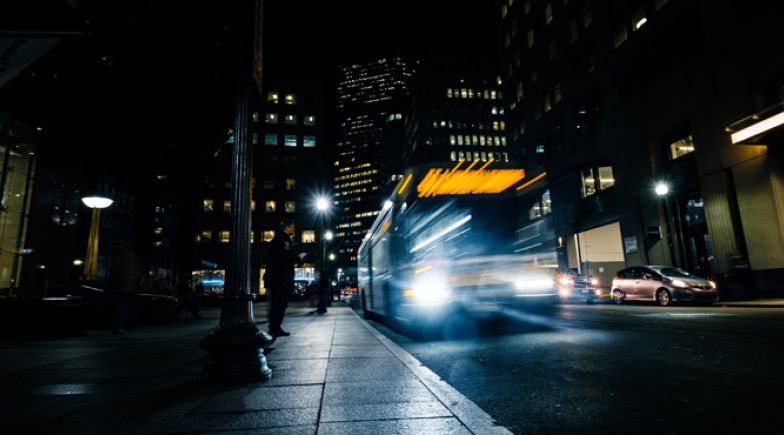 A bus travelling in the night time